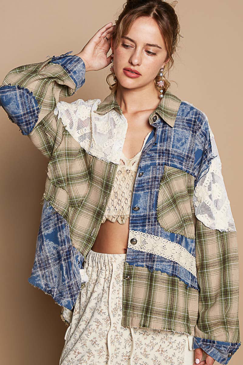 Plaid Patch Long Sleeve Button Up