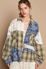 Plaid Patch Long Sleeve Button Up