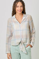 Plaid Front Tie Long Sleeve Shirt