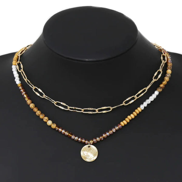 Disc Pendant Wood & Stone Layered Nk
