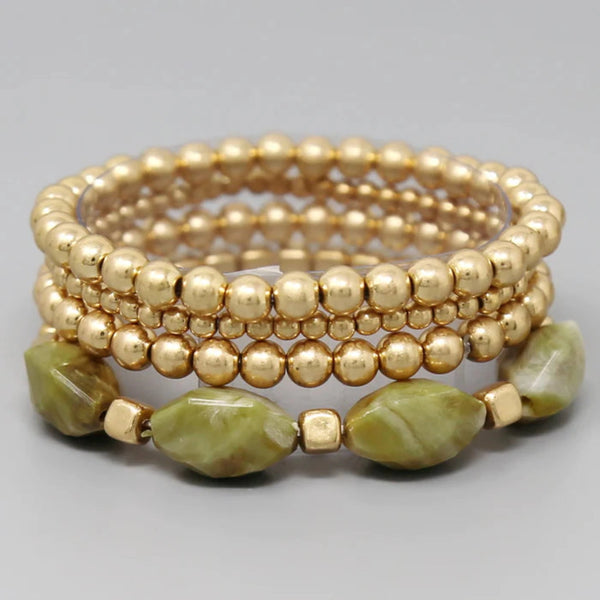 Stone & Bead Metal Ball Stretch Bracelet Set