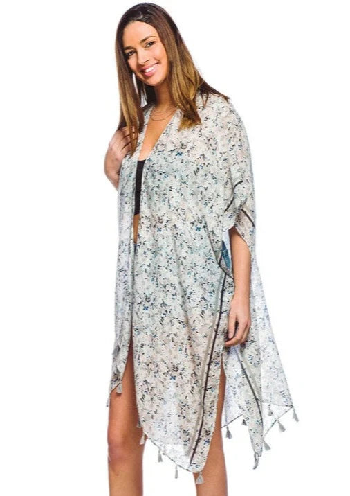 Grey Floral Tassel Fringe Kimono Post Office by Shannon Passero