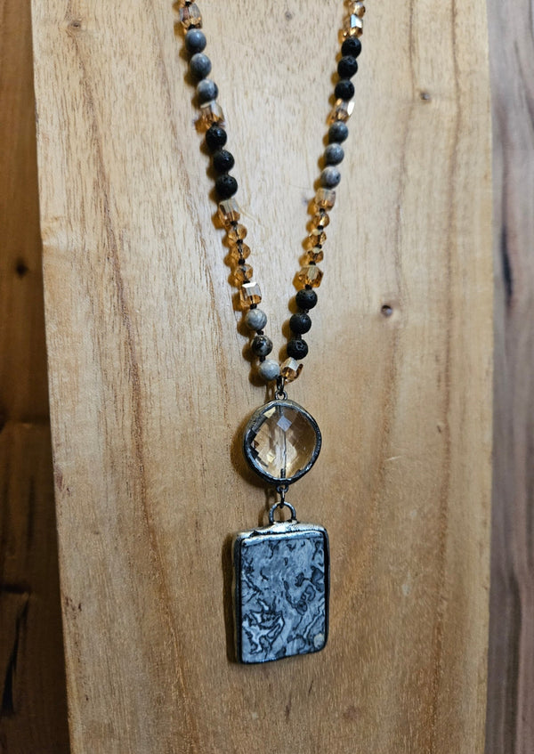 Crystal Bead Square Pendant Necklace
