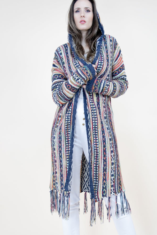 Fringe Stripe Cardigan with Hood