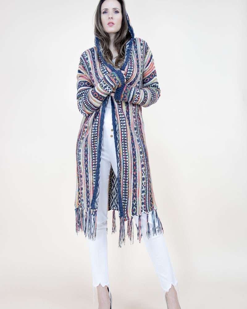 Fringe Stripe Cardigan with Hood