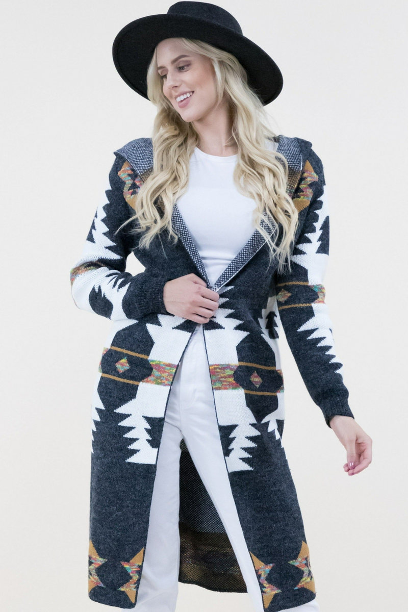 Hooded Aztec Print Cardigan