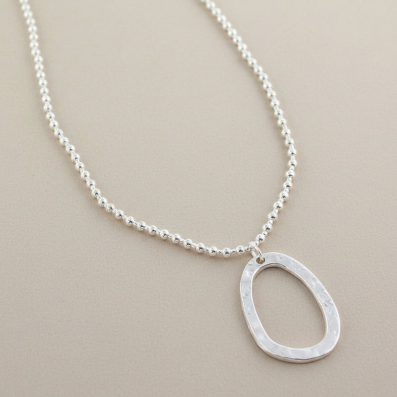 Oval Pendant Silver Ball Necklace Silver