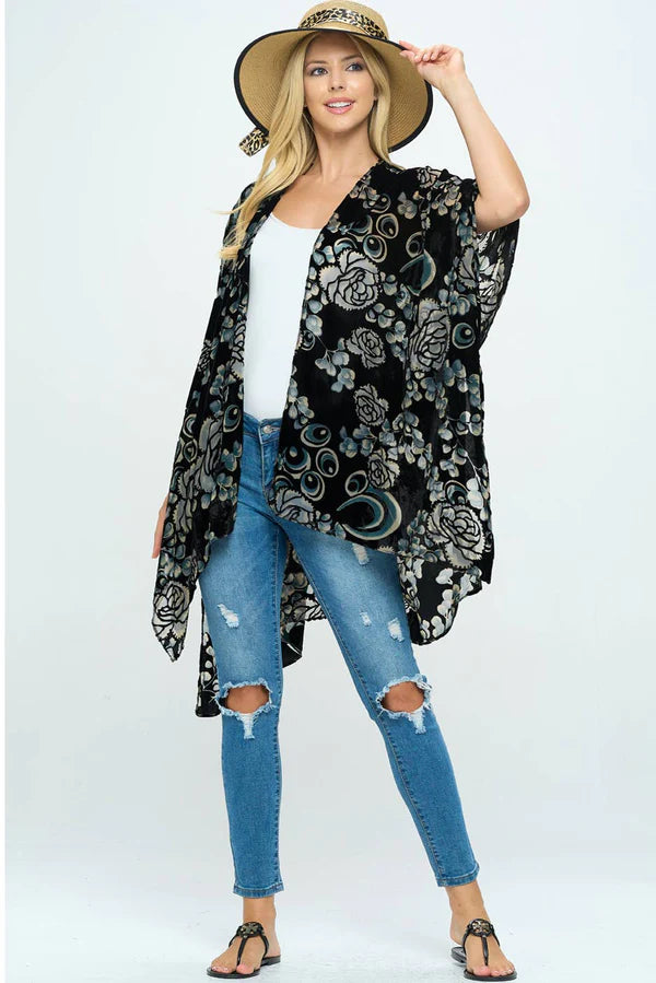 Floral Print Velvet Kimono