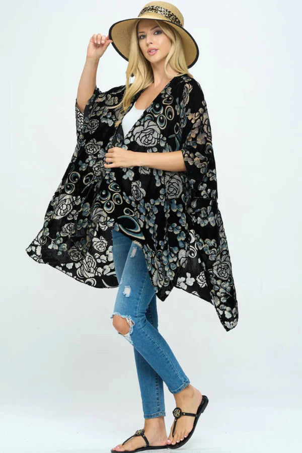 Floral Print Velvet Kimono