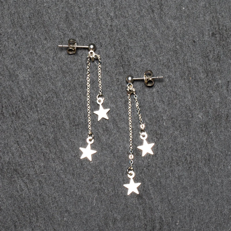 Double Drop Star Chain Earrings SILVER