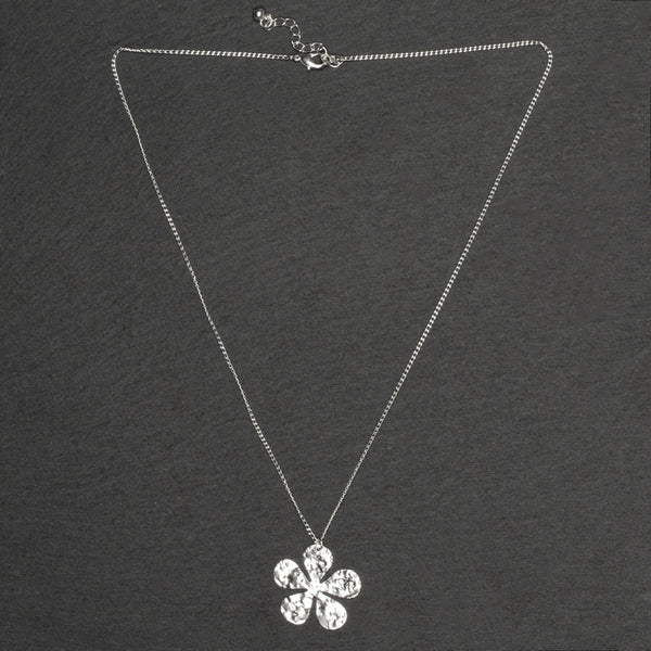 Hammered Flower Pendant on Chain Silver Plated