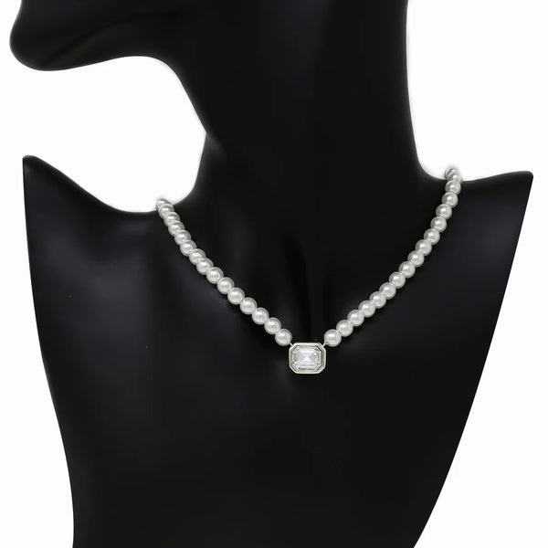Emerald Cut Pearl Beaded Necklace Silver Clear