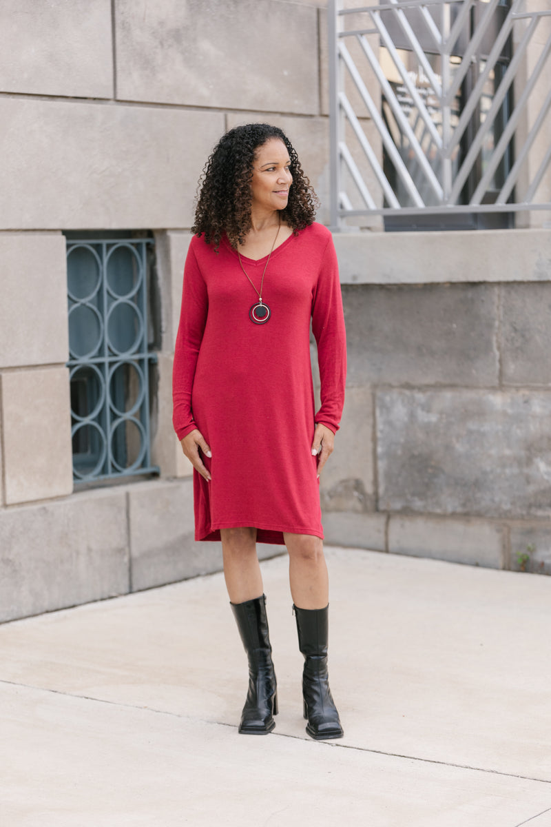 Long Sleeve Vneck Dress with Necklace