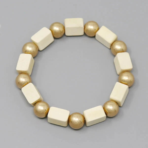 Wooden Cube And Metal Ball Stretch Bracelet
