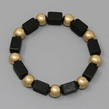 Wooden Cube And Metal Ball Stretch Bracelet