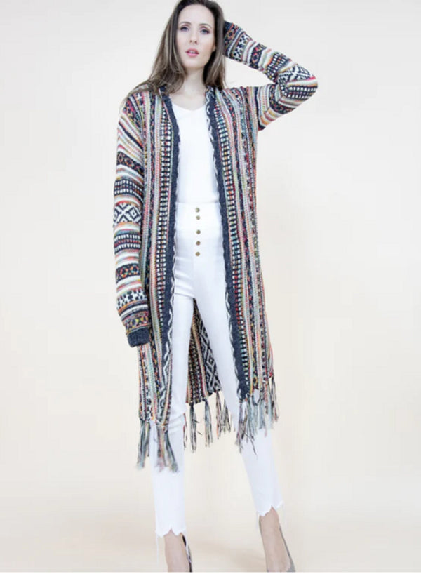 Fringe Stripe Cardigan with Hood